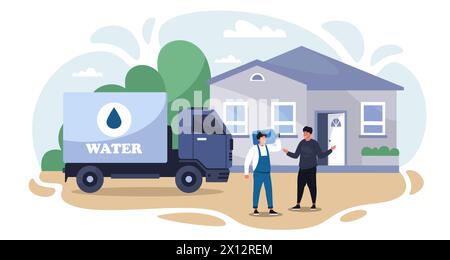 Water delivery concept. Cartoon characters with mineral water bottle and tank, online delivery service of clean drink. Vector isolated illustration Stock Vector
