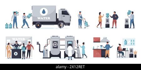 Water delivery service. Cartoon man with plastic bottle, van and truck with barrels, aqua distribution and transportation concept. Vector set Stock Vector
