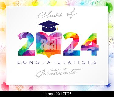 Cute greeting card for class of 2024 graduates. Congratulations graduate school banner. Creative coloured number 2024 with open book icon. Isolated Stock Vector