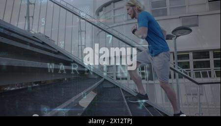 Image of texts, numbers, letters and symbols over caucasian man running up stairs Stock Photo