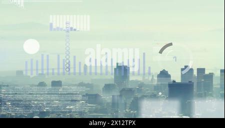 Image of graphs, loading circles and trading board over modern cityscape against sky Stock Photo