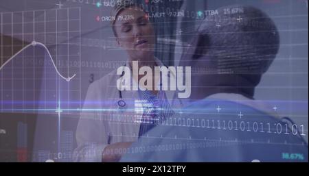 Image of graphs, binary codes, computer language, diverse female doctor examining patient Stock Photo