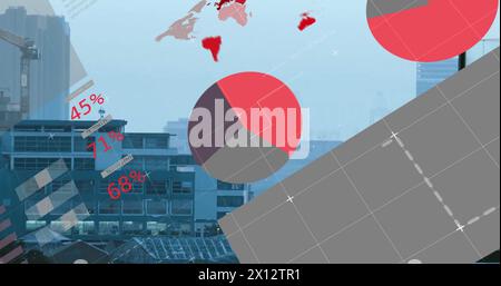 Image of multicolored infographic interface over modern city against sky Stock Photo