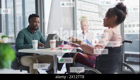Image of notification bars over diverse disable woman explaining reports to coworkers Stock Photo