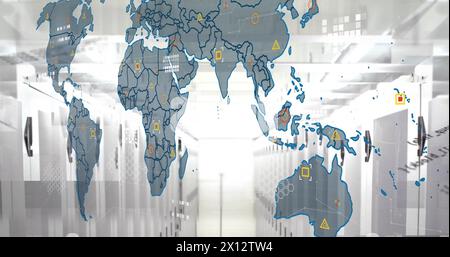 Image of map and computer language over data server room Stock Photo