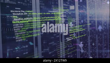 Image of computer language and connected arrow over data server systems in server room Stock Photo