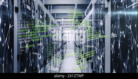 Image of computer language, changing numbers over connected dots on data server systems Stock Photo