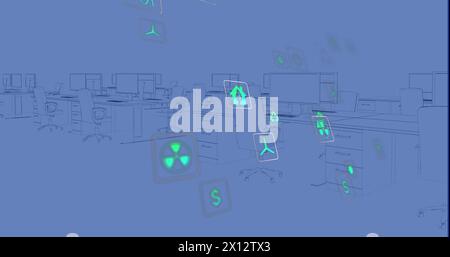 Image of sustainable energy icons over digital workspace in office Stock Photo