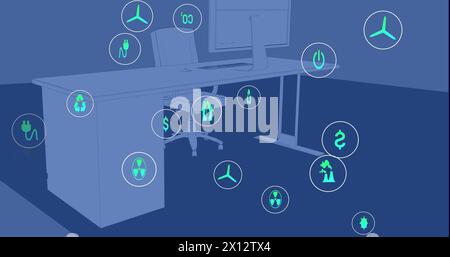 Image of sustainable icon in circles over computer on desk and chair in office Stock Photo