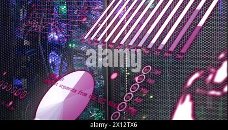 Image of graph, globe and computer language over illuminated data server system Stock Photo
