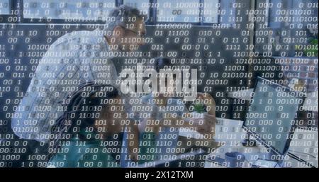 Image of binary coding data processing over diverse business people in office Stock Photo