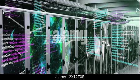 Image of computer language over globe and connected dots on data server systems Stock Photo