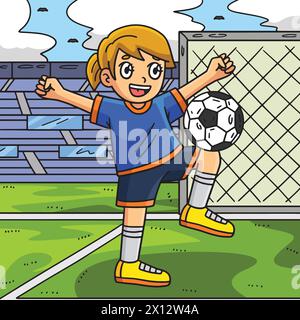 Soccer Girl Balancing Ball on Knee Colored Cartoon Stock Vector