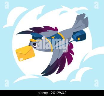 Mail pigeon concept. Cartoon birds with envelopes, fast delivery service, messenger carrier animals with wings and beak. Vector flat set Stock Vector