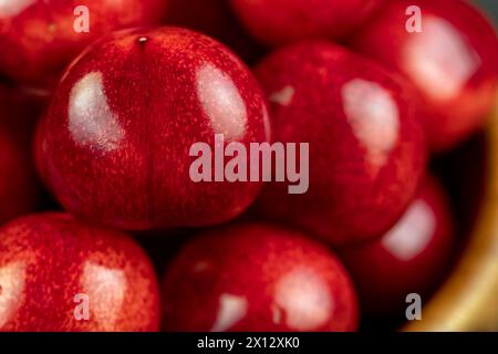 delicious sweet cherries on a slate board, delicious picked and pure cherry berries with pits Stock Photo