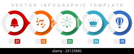 Internet flat design infographic template, miscellaneous symbols such as bell, music, light bulb, crown and ballon, vector icons collection Stock Vector