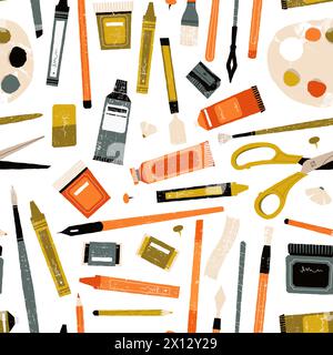 Art supplies pattern. Seamless print with paintbrushes pencils tubes watercolor, oil pastel and gouache, endless background for wrapping. Vector Stock Vector
