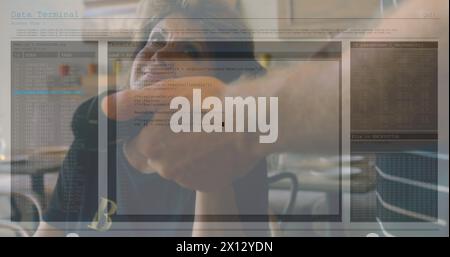 Image of data processing against caucasian senior woman making payment by credit card at cafe Stock Photo