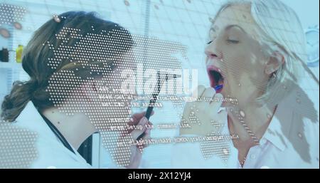 Data processing against caucasian female dentist examining teeth of caucasian senior woman Stock Photo