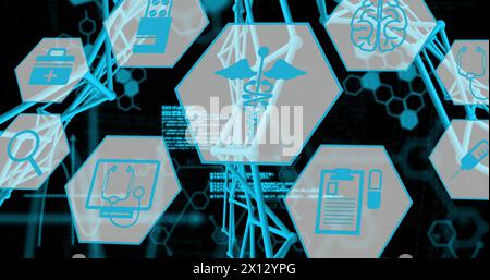 Image of data processing and medical icons over chemical formula Stock Photo