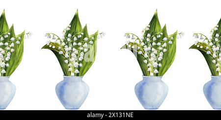 Seamless border with spring lily of the valley flowers. Watercolor ...