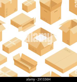 Isometric boxes pattern. Seamless print of abstract cardboard packaging containers, warehouse delivery cargo concept. Vector texture Stock Vector