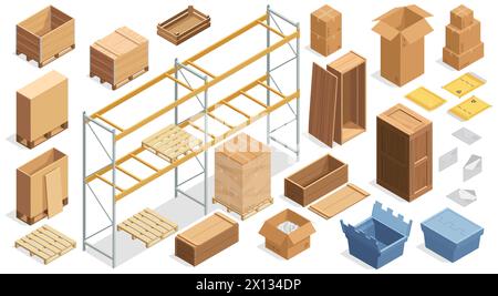 Isometric shipping packages. Closed cardboard carton boxes, open corrugated wooden crates, delivery cargo containers. Vector isolated set Stock Vector
