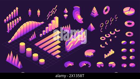 Isometric futuristic data graphic. Abstract pyramid chart with progress steps, modern infographic design elements. Vector isolated collection Stock Vector
