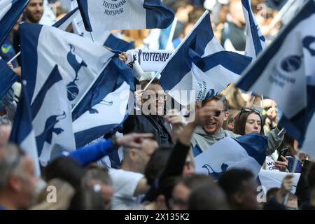 London, UK. 14th April, 2024. Tottenham supporters during the Adobe Women’s FA Cup fixture between Tottenham Hotspur and Leicester City at the Tottenh Stock Photo