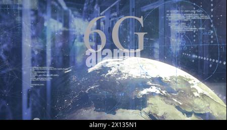 Image of 6g text, globe and data processing over computer server room Stock Photo