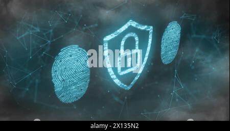 Image of biometric fingerprint scanner and security padlock icon against network of connections Stock Photo