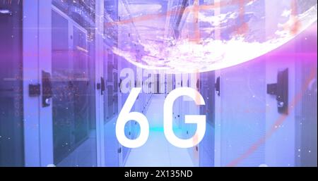 Image of 6g text, globe and maths calculations over computer server room Stock Photo