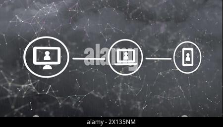 Image of network of connections with icons over sky with clouds and lightning Stock Photo