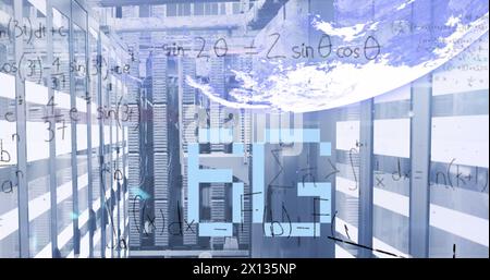 Image of 6g text, globe and maths calculations over computer server room Stock Photo