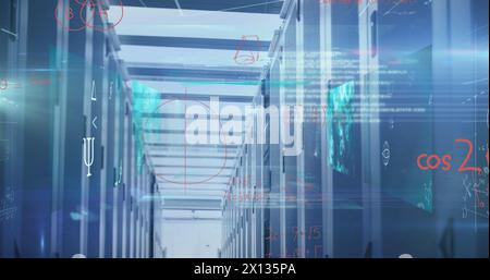 Image of processing data and maths calculations over computer server room Stock Photo