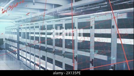 Image of processing data and maths calculations over computer server room Stock Photo