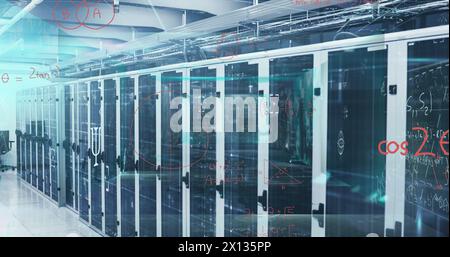 Image of processing data and maths calculations over computer server room Stock Photo