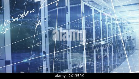 Image of processing data and maths calculations over computer server room Stock Photo