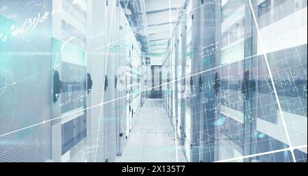 Image of processing data and maths calculations over computer server room Stock Photo