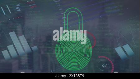 Image of security padlock icon and screens with data processing over aerial view of cityscape Stock Photo