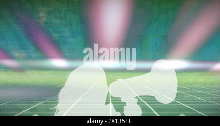 Image of shapes moving over silhouette of woman with loudspeaker Stock Photo