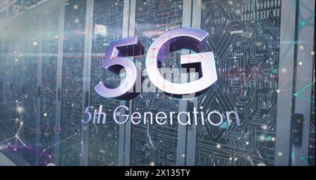 Image of 5g text and communication network over computer server room Stock Photo