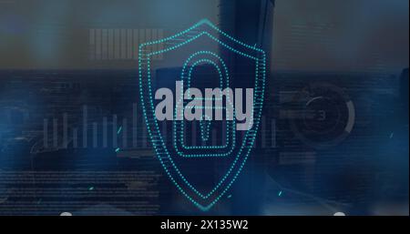 Image of security padlock icon and screens with data processing over aerial view of cityscape Stock Photo