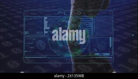 Image of data processing on digital screen and hand of man using touchscreen Stock Photo