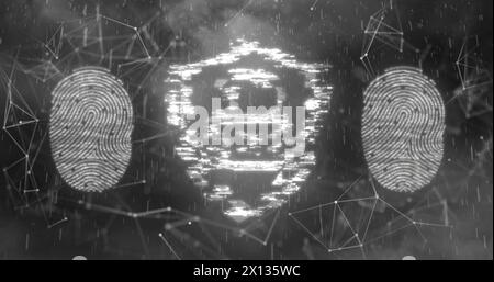 Image of biometric fingerprint scanner and security padlock icon against network of connections Stock Photo