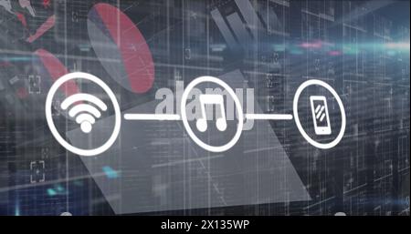 Image of network of digital icons and statistical data processing against black background Stock Photo