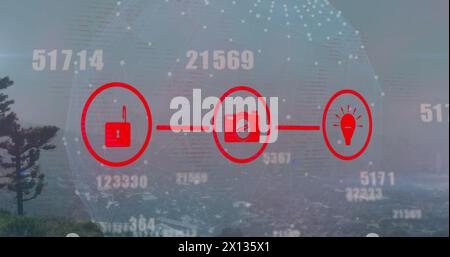 Image of network of digital icons and changing numbers over globe of network of connections Stock Photo