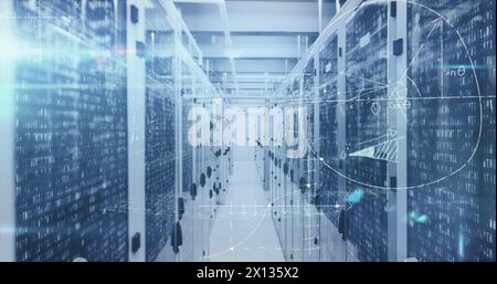 Image of data processing and mathematical equations over server room Stock Photo