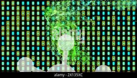 Image of shapes over moving columns and light spots on black background Stock Photo