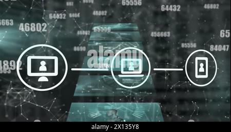 Image of network of digital icons and changing numbers over screens with data processing Stock Photo